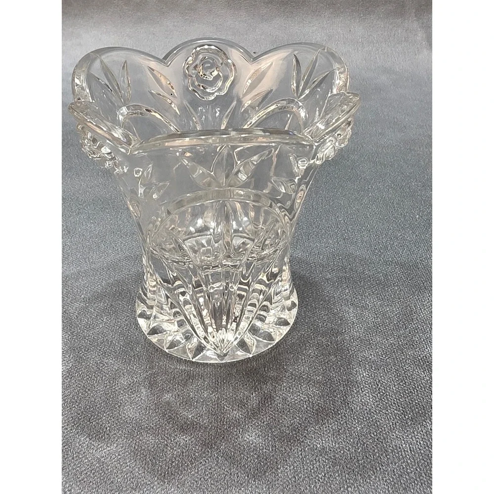 Clear Cut Glass Rose Bowl Scalloped Rim‎ Embossed Floral Design 4 Inch
